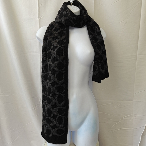 COACH Wool Cashmere Blend Logo All Over Print Black Grey Scarf - Picture 5 of 8